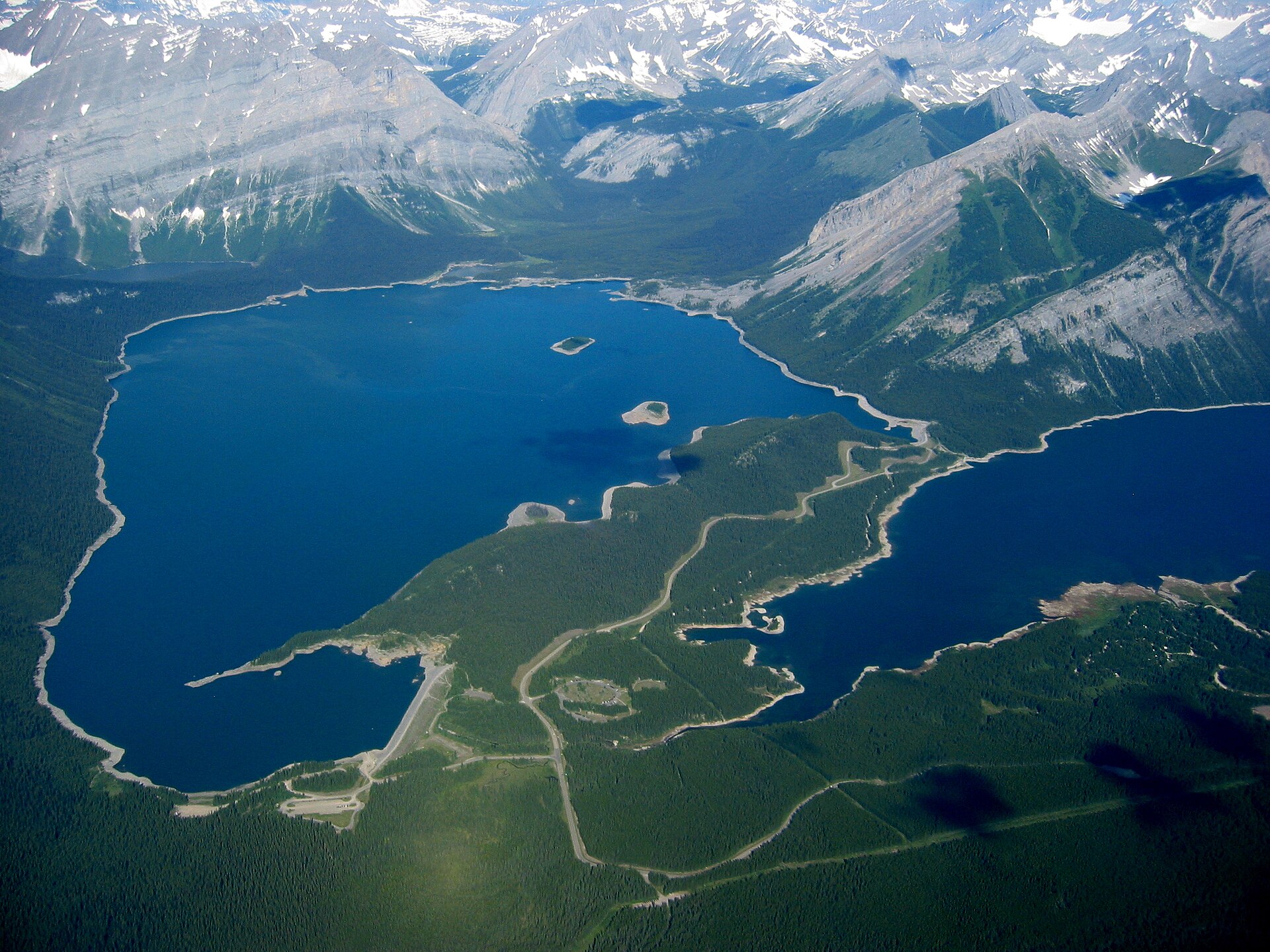 Upper Kananaskis Lake in the Canadian Rockies, with peaks behind the water